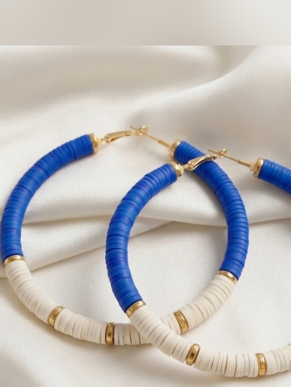 Bold Blue and Cream Hoop Earrings with Gold Accents - Picture 8 of 9
